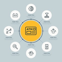 Circle network chart business, money, education infographic template with 8 options for presentations, advertising, annual reports.