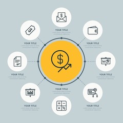 Circle network chart business, money, education infographic template with 8 options for presentations, advertising, annual reports.