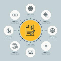 Circle network chart business, money, education infographic template with 8 options for presentations, advertising, annual reports.