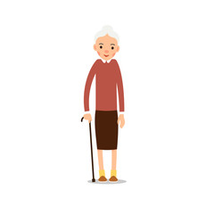 Elderly woman. Old woman stand and rests on a cane. Illustration isolated on white background in flat style. Full length portrait of old ladie, senior or grandmother