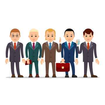 Business man. Set of businessman character in various poses. Man in suit, shirt and tie. Set cartoon illustration isolated on white background in flat style