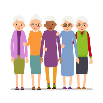 Older woman. Old woman character in various poses. Woman in a dress, blouse and skirt. Set cartoon illustration isolated on white background in flat style