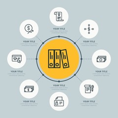 Circle network chart business, money, education infographic template with 8 options for presentations, advertising, annual reports.