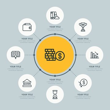 Circle network chart business, money, education infographic template with 8 options for presentations, advertising, annual reports.