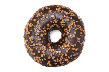 A photo from above of the single chocolate glazed donut with sprinkles isolated white background....