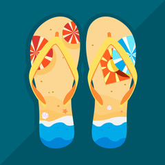 Flip flops with summer beach illustration. Vector illustration design.