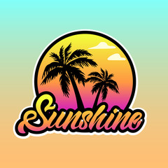 Colourful Sunshine logotype in lettering style with Palm tree and sunset. Vector illustration design.