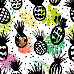Seamless pattern with hand drawn pineapples sketches
