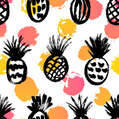 Seamless pattern with hand drawn pineapples sketches