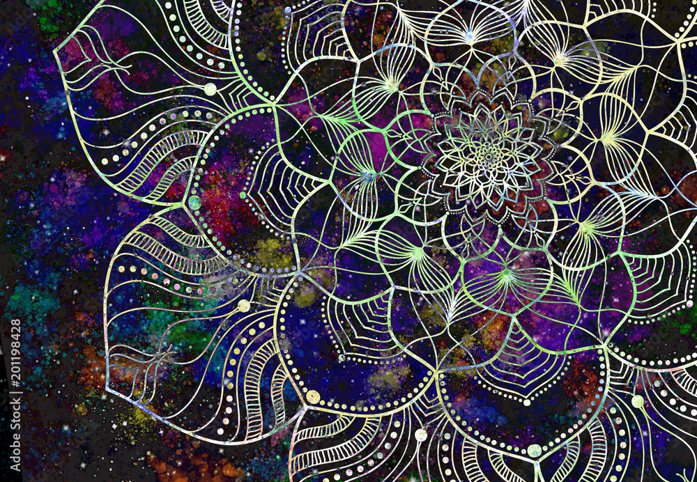 Canvas Prints abstract ancient geometrics with star field and colorful galaxy background, watercolor digital art p