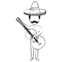 mexican mariachi playing guitar avatar character vector illustration design