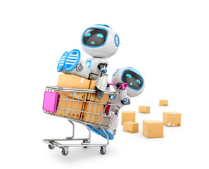 Concept of delivery of parcels. Two fun droid who deliver parcels. 3D illustration