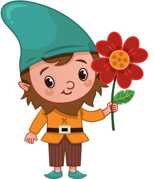 Vector Gnome Character is Holding a Flower