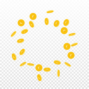 European Union Euro coins falling. Scattered sparse EUR coins on transparent background. Magnetic round scattered frame vector illustration. Jackpot or success concept.