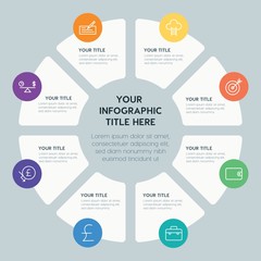 Circle chart business, money infographic template with 8 options for presentations, advertising, annual reports