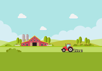 farm with water tank and Tractor, country landscape, trendy flat style vector design template. vector illustration.