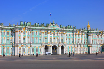 Winter Palace Building on Palace Square. Facade Building on Main City Square, Famous Saint Petersburg Tourist Attraction on Sunny Day View.