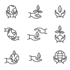 vector collection of ecological symbols and signs, human's hands and growing plants and world