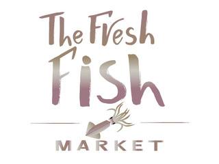 Fototapeta na wymiar Vector lettering of text The fresh fish market. Modern calligraphy.Template of logotype of fish shop, label, icon, tag, banner, background. Inscription for packing product to store, for journal. 