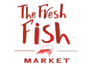 Vector lettering of  text The fresh fish market. Modern calligraphy.Template of logotype of fish shop, label, icon, tag, banner, background. Inscription for packing product to store, for journal. 