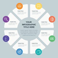 Circle chart business, money infographic template with 8 options for presentations, advertising, annual reports