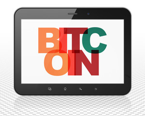 Cryptocurrency concept: Tablet Pc Computer with Painted multicolor text Bitcoin on display, 3D rendering