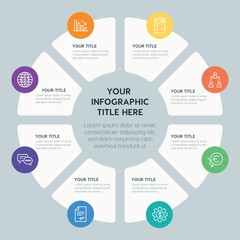 Circle chart business, money infographic template with 8 options for presentations, advertising, annual reports