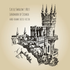 Obraz premium Swallow's Nest castle over the Black Sea in Crimea, Russia. Landmark of Crimea. Beautiful antique castle, drawing by hand.