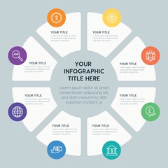 Circle chart business, money infographic template with 8 options for presentations, advertising, annual reports