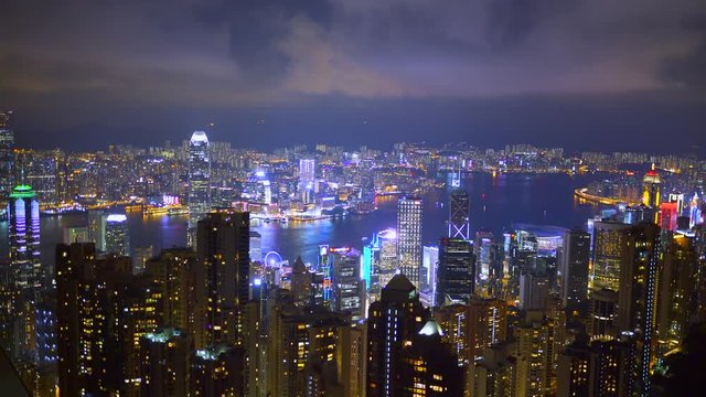 4k, timelapse, panoramic night view Hong Kong from peak Victoria, Hong Kong, China