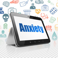Health concept: Tablet Computer with  blue text Anxiety on display,  Hand Drawn Medicine Icons background, 3D rendering