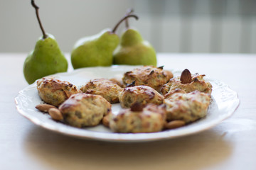 vegetarian muffins with banana, pear and nuts
