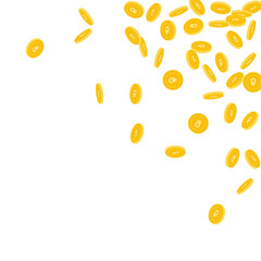 Russian ruble coins falling. Scattered small RUB coins on white background. Emotional scattered top right corner vector illustration. Jackpot or success concept.