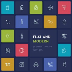 Modern Simple Set of food, drinks, travel Vector outline Icons. ..Contains such Icons as volleyball,  tropical, mask, can, relax,  direction and more on dark background. Fully Editable. Pixel Perfect