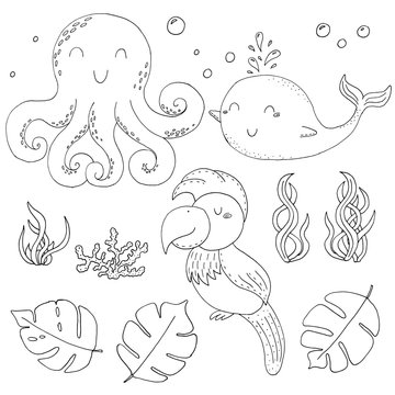Illustration Vector doodle set with animals. vector print.. Icons and symbols hand drawing sketch