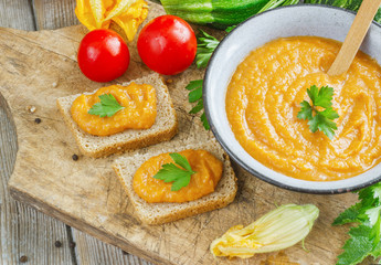 Vegetable caviar, zucchini spread. Healthy food. Toasted bread with vegetable caviar