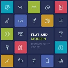 Modern Simple Set of food, drinks, travel Vector outline Icons. ..Contains such Icons as  vacation,  beverage,  soda,  can, sea,  background and more on dark background. Fully Editable. Pixel Perfect