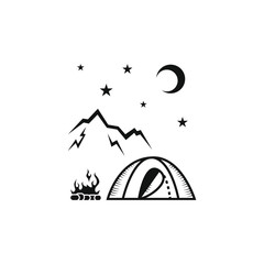 black and white outline vector icon tourist camp at night