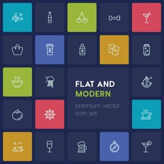 Modern Simple Set of food, drinks, travel Vector outline Icons. ..Contains such Icons as  alcohol, hot, compass,  coffee,  fruit,  tent,  old and more on dark background. Fully Editable. Pixel Perfect