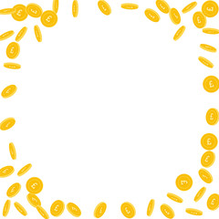 British pound coins falling. Scattered sparse GBP coins on white background. Trending corner frame vector illustration. Jackpot or success concept.