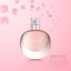 Realistic perfume bottle on abstract floral background, vector poster design