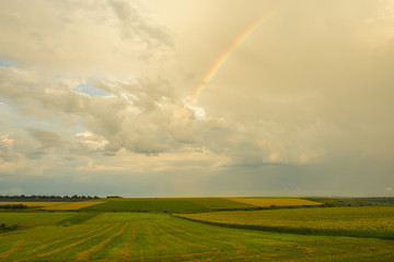 The vast expanse of different fields and the rainbow in the sky after the rain. Magnificent landscape.

