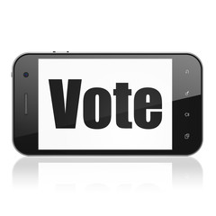Politics concept: Smartphone with  black text Vote on display,  Tag Cloud background, 3D rendering