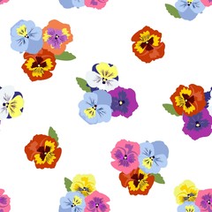 Seamless floral pattern with beautiful multicolored Pansy flowers on white background. Cute stylish texture for textiles, stylish fabrics, home, tiles, decor. Millefleurs.