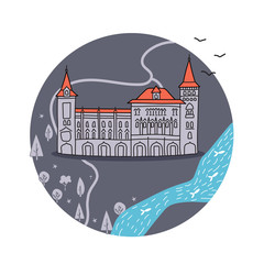 Vector illustration of gothic castle. Doodled palace with pond and forest. Hand drawn style composition