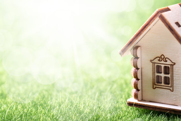 Model of wooden house on green grass background