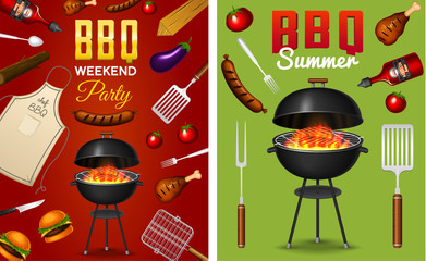 Barbecue grill elements set isolated on red background. BBQ party poster. Summer time. Meat restaurant at home. Charcoal kettle with tool, sauce and foods. Kitchen equipment for menu. Cooking outdoors