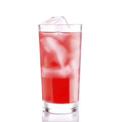 Glass of lemonade with ice on white background