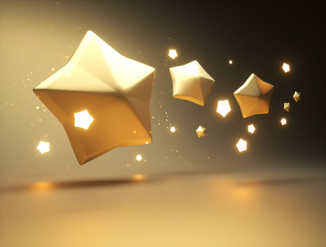 Magic golden glowing 3D stars illustration.