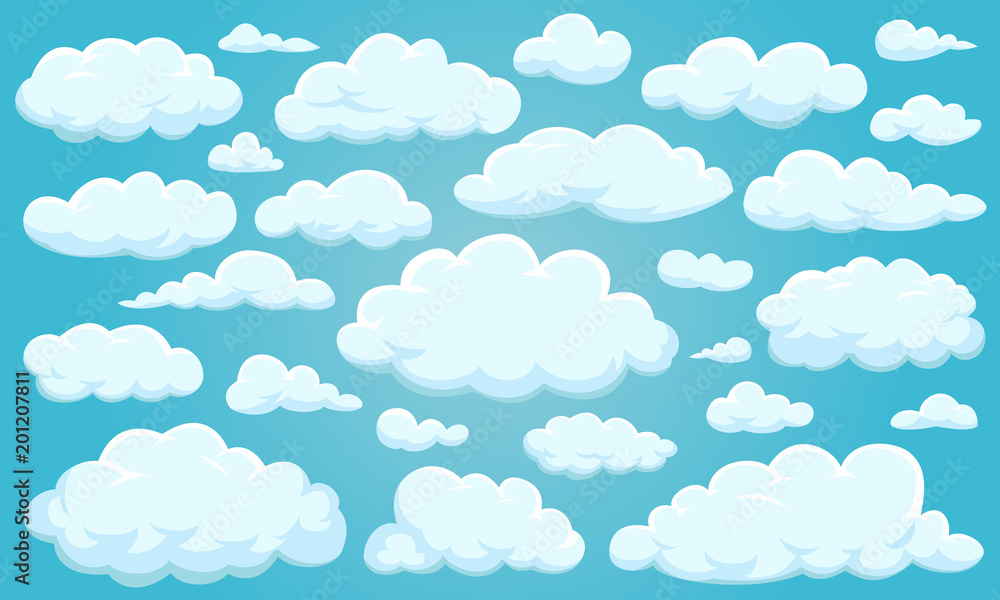 Poster set of clouds of different shapes in the sky for your web site design, ui, app. meteorology and atmo